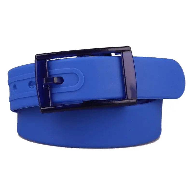 Blue silicone belt featuring a dark buckle from Colorful and Leather Belts for Fashion and Utility