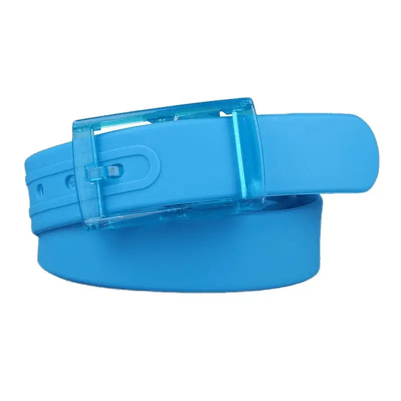 Blue plastic belt with clear buckle from Colorful and Leather Belts for Fashion and Utility
