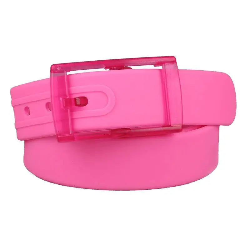 Bright pink leather belt with transparent buckle from Colorful and Leather Belts for Fashion and Utility