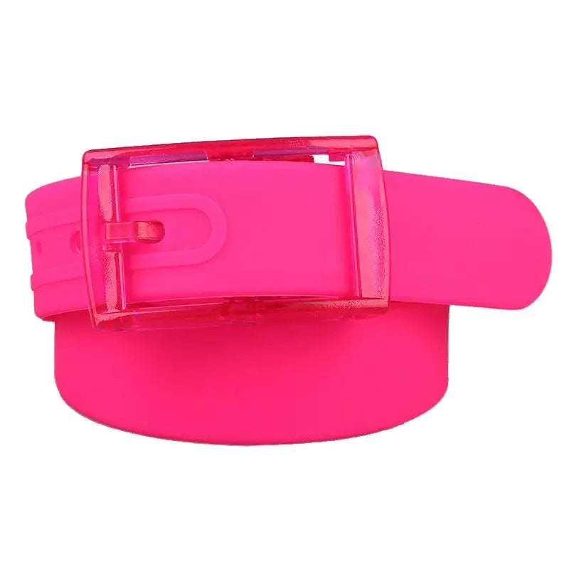 Bright pink leather belt with translucent buckle displayed in Colorful and Leather Belts for Fashion and Utility