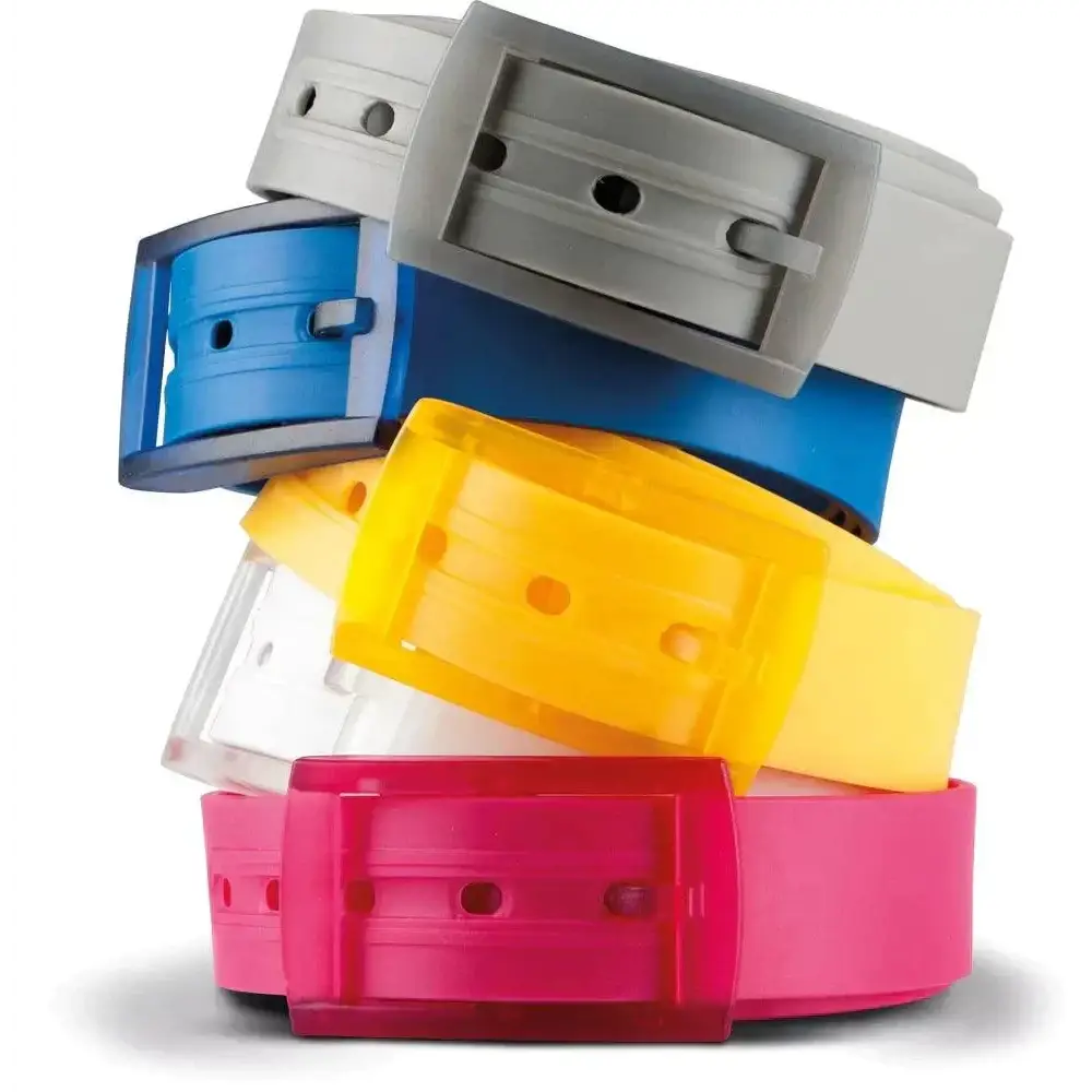 Stack of colorful plastic belts from the Colorful and Leather Belts for Fashion and Utility collection