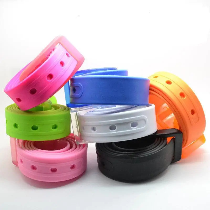 Colorful perforated rubber belts displayed in the Colorful and Leather Belts for Fashion and Utility product