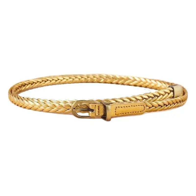 Braided gold-colored faux leather belt with metal buckle on Beige Faux Leather Coat