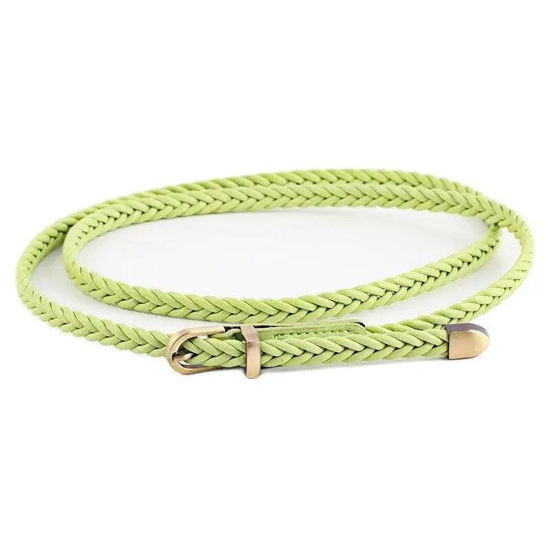 Braided green faux leather belt displayed with Beige Faux Leather Coat with Braided Brown Belt