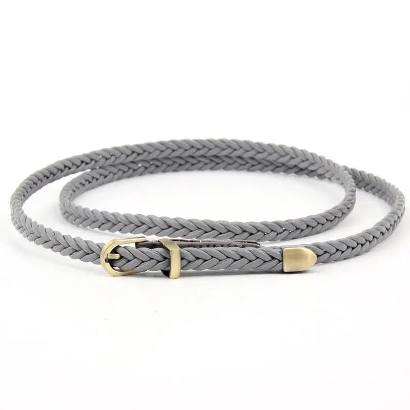 Gray braided faux leather belt with gold buckle featured with Beige Faux Leather Coat