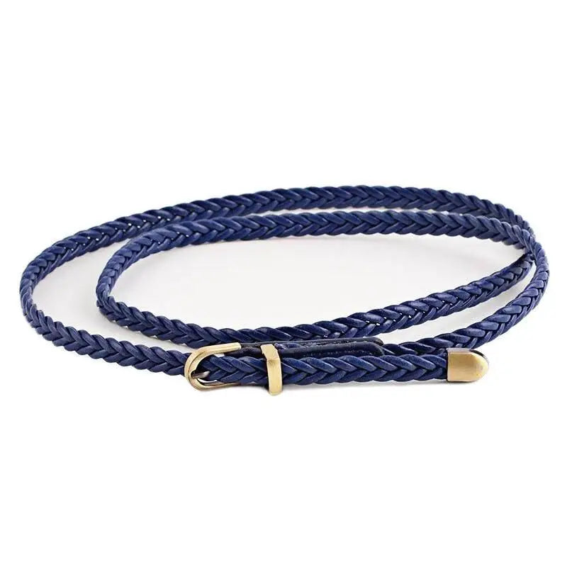 Braided navy blue faux leather belt with metal buckle for beige faux leather coat