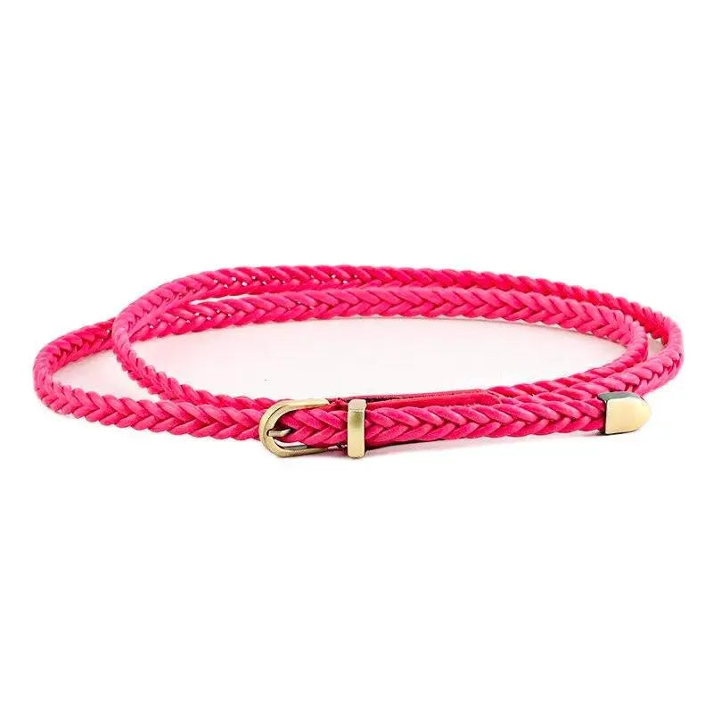 Faux leather pink braided belt with gold buckle displayed with Beige Faux Leather Coat