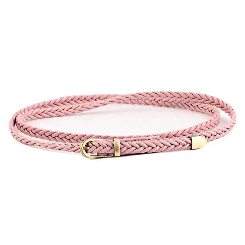 Faux leather braided pink belt with gold buckle on Beige Faux Leather Coat