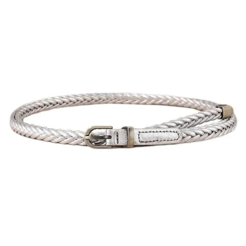 Braided silver faux leather belt shown with Beige Faux Leather Coat with Braided Brown Belt and Metal Buckle