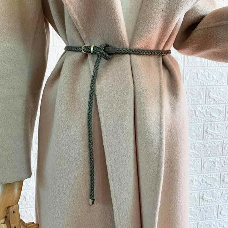 Beige faux leather coat with braided faux leather belt and metal buckle