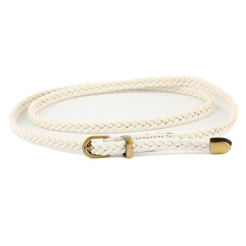 Faux leather braided white belt with brass buckle for Beige Faux Leather Coat