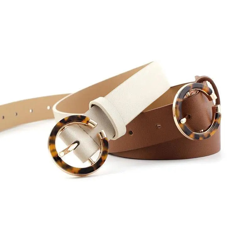 Two-toned faux leather belt with circular buckle from Set of Three Stylish Faux Leather and Leather Belts