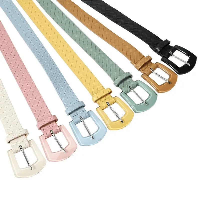 Faux leather woven belts with pastel colors and matching square buckles