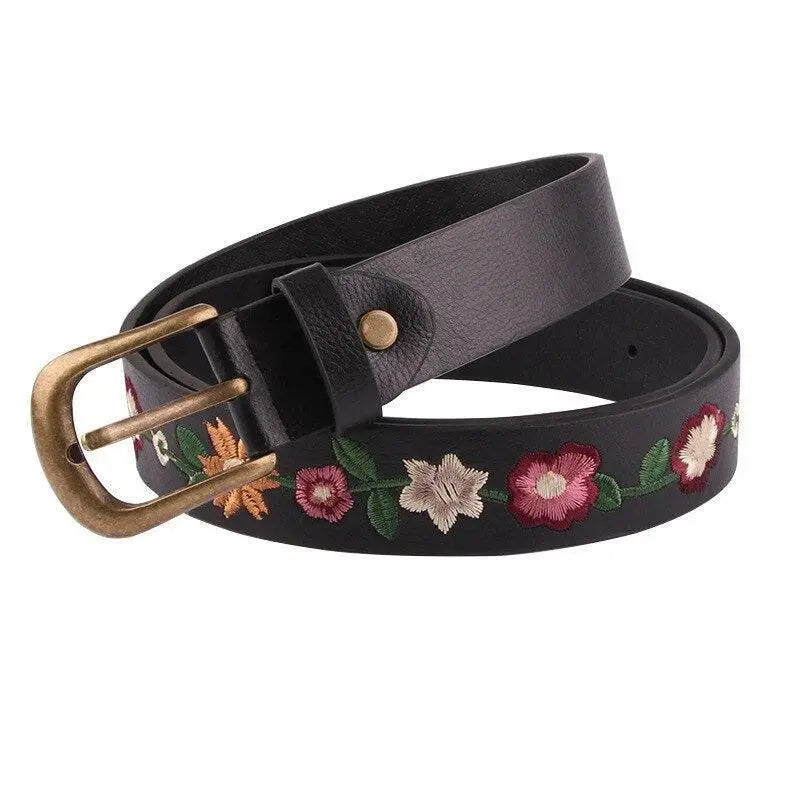 Black faux leather belt with floral embroidery for Women’s Faux Leather fashion accessories
