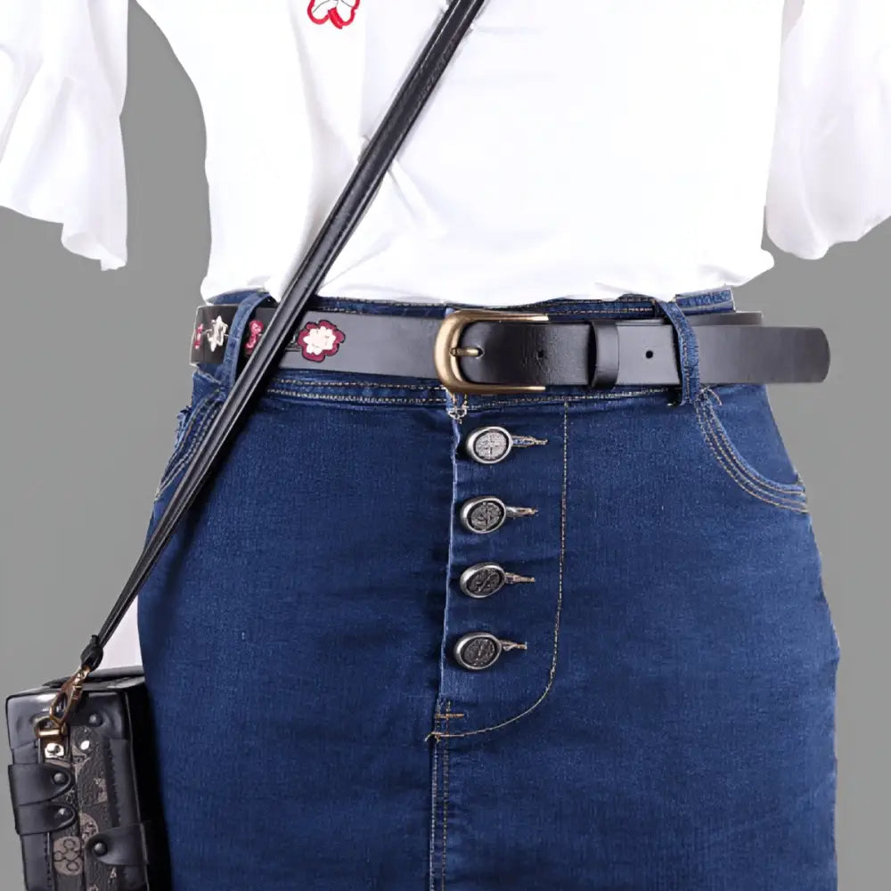 Dark blue denim skirt with faux leather embroidered belt for Women, rufia women’s faux style