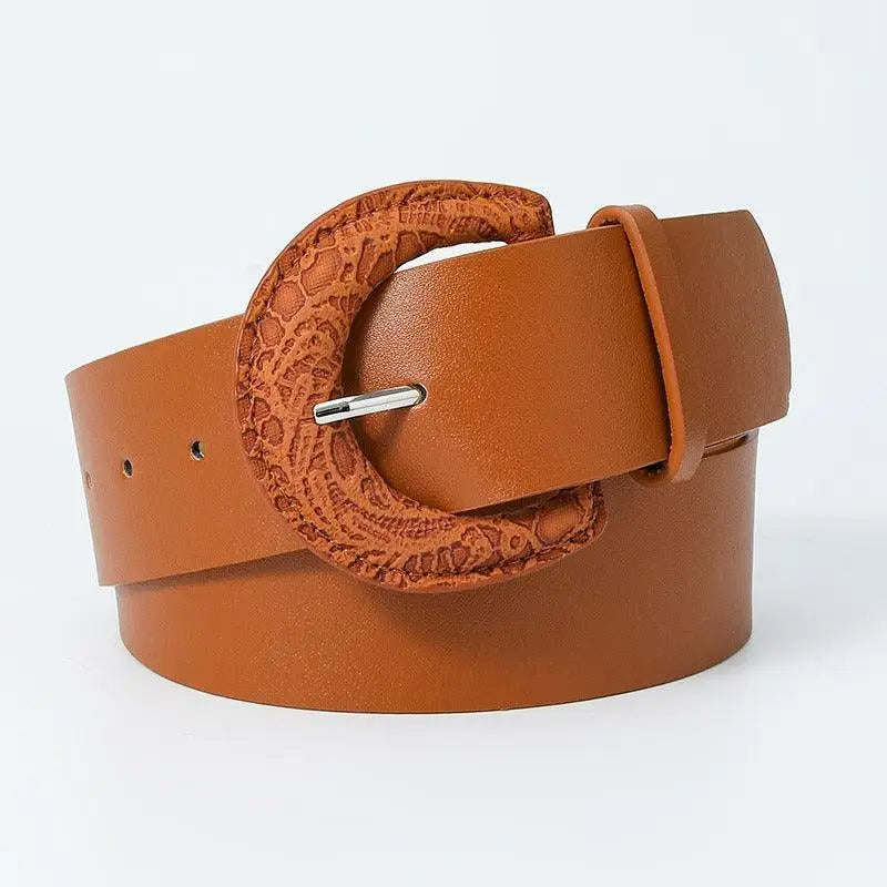 Brown leather belt with a textured buckle from Assorted Faux Leather Belts collection