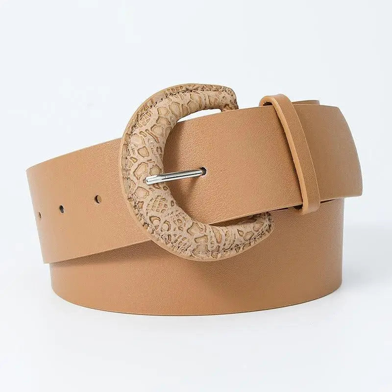 Tan leather belt featuring a textured buckle from Assorted Faux Leather Belts collection