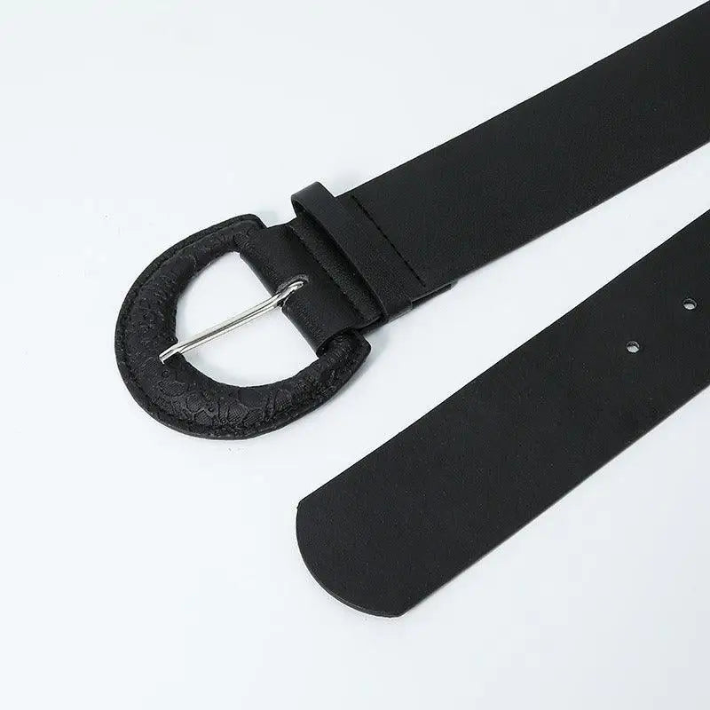Black leather belt with ornate textured buckle from Assorted Faux Leather Belts collection
