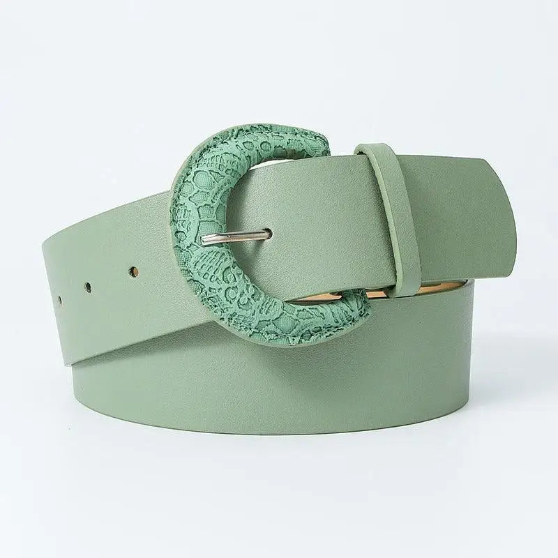 Green belt with patterned textured buckle from Assorted Faux Leather Belts collection