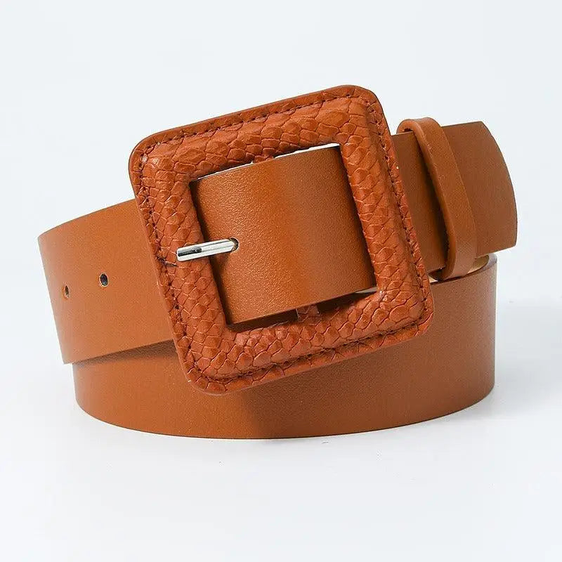 Wilna Belt Collection brown leather belt with square buckle in pink yellow lavender