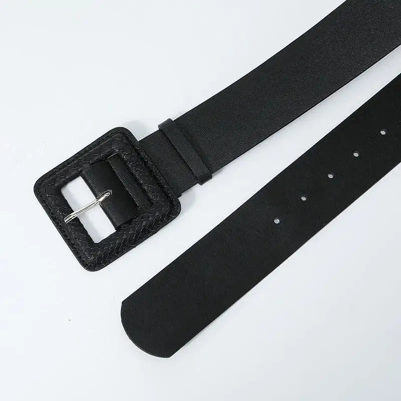 Wilna Belt collection featuring black belt with square buckle in pink, yellow, and lavender