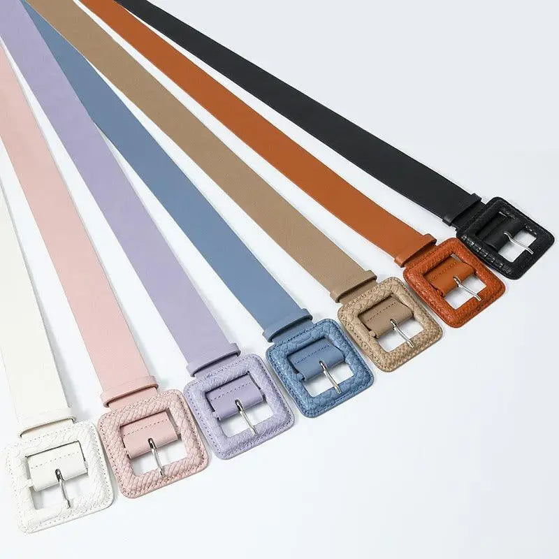 Wilna belt collection featuring assorted pink, yellow, and lavender belts with square buckles
