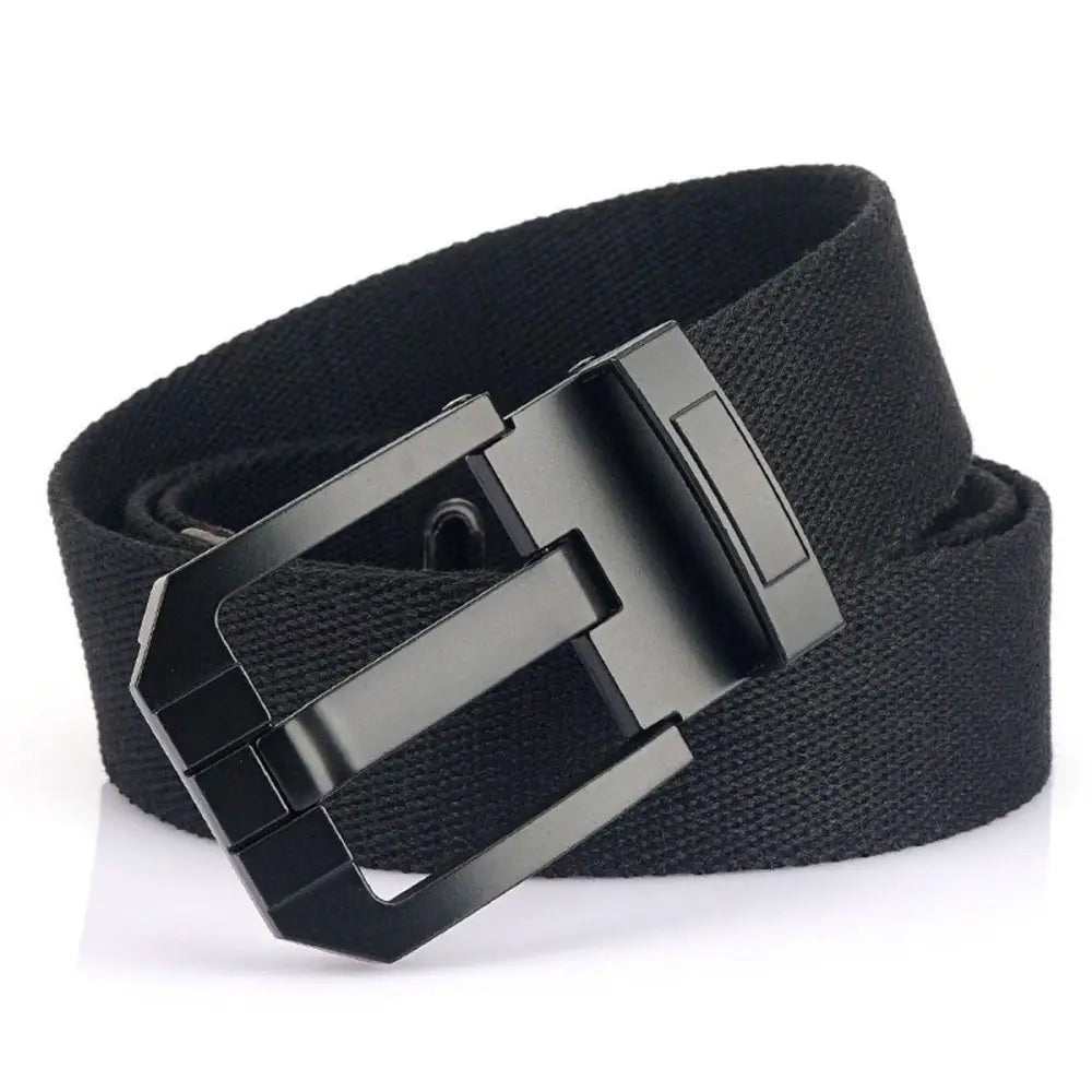 Black canvas belt with metal buckle enhancing aesthetic appeal and featuring a black buckle