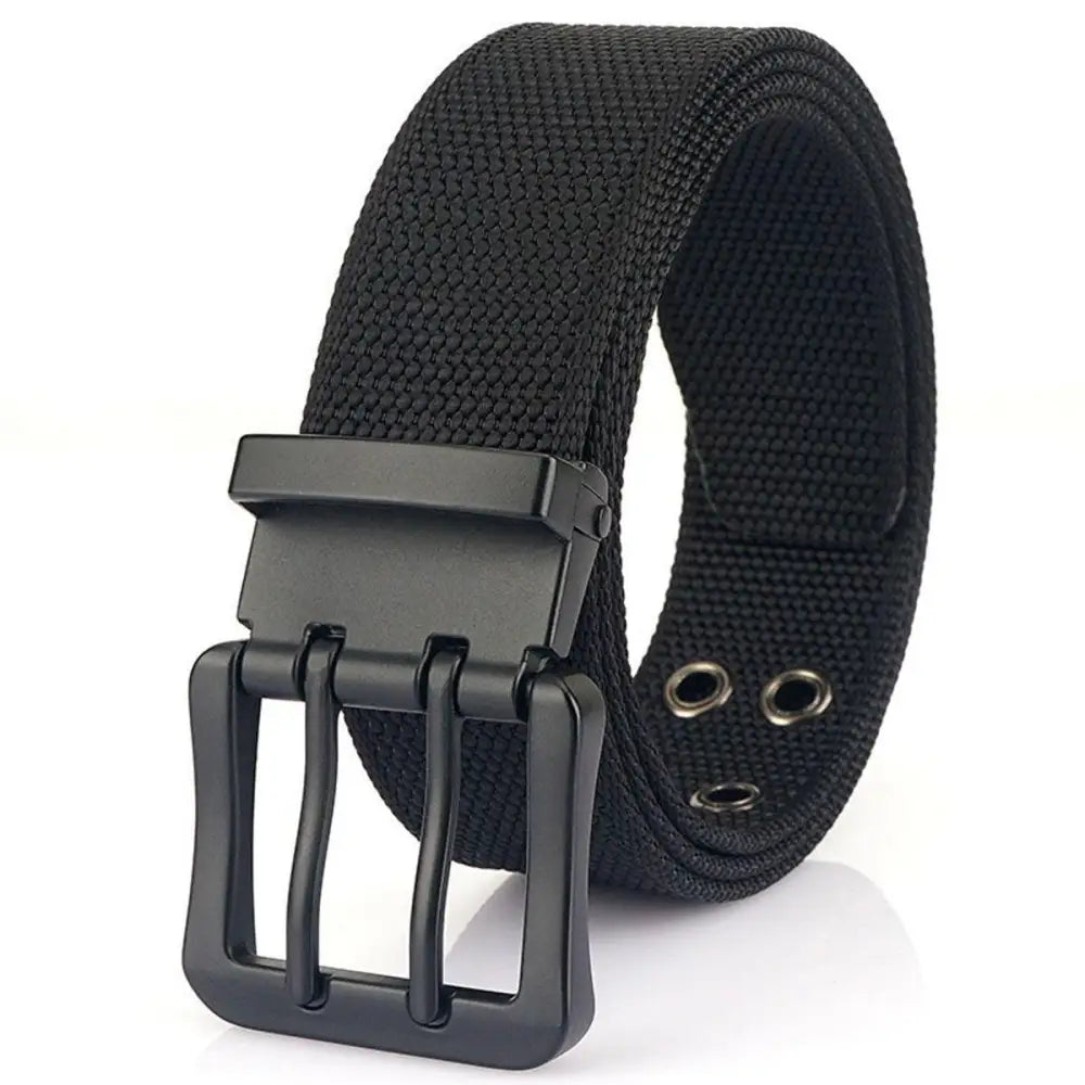 Black nylon canvas belt with double prong buckle for durable style