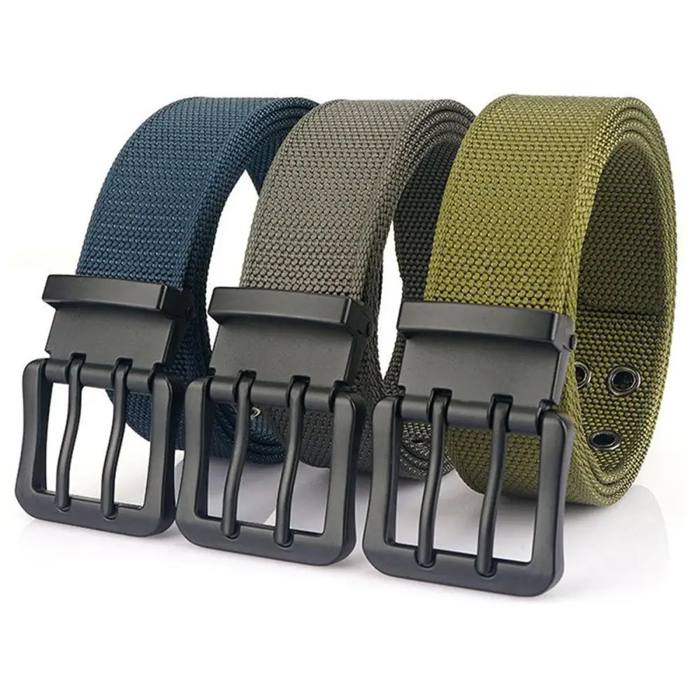 Three nylon canvas belts with double prong buckles, durable and stylish accessory