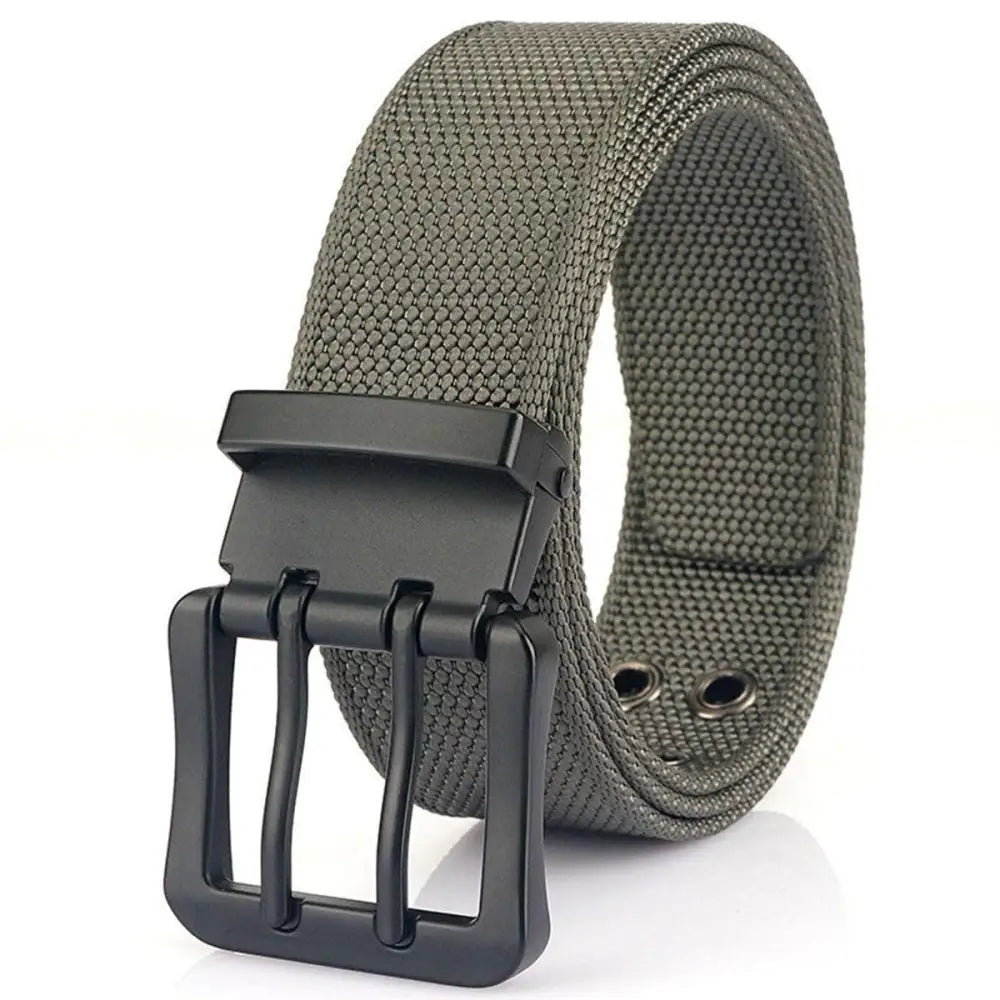 Olive green nylon canvas belt with double prong buckle for durable style