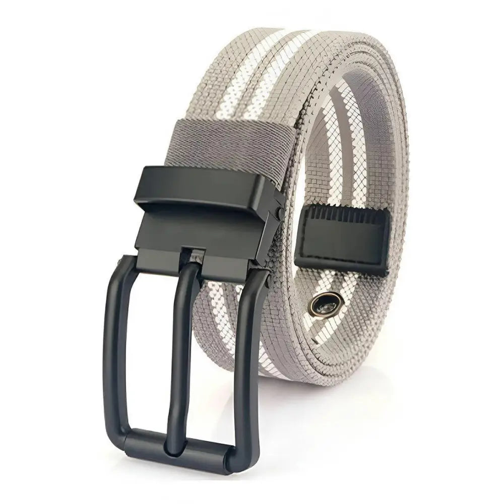 Gray striped nylon canvas belt with a black metal buckle for stylish casual wear