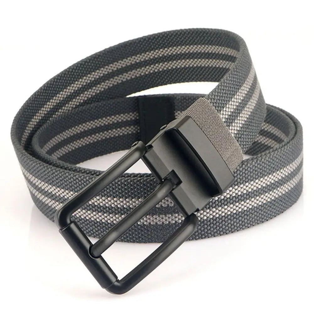 Striped gray nylon canvas belt with black metal buckle for stylish accessories