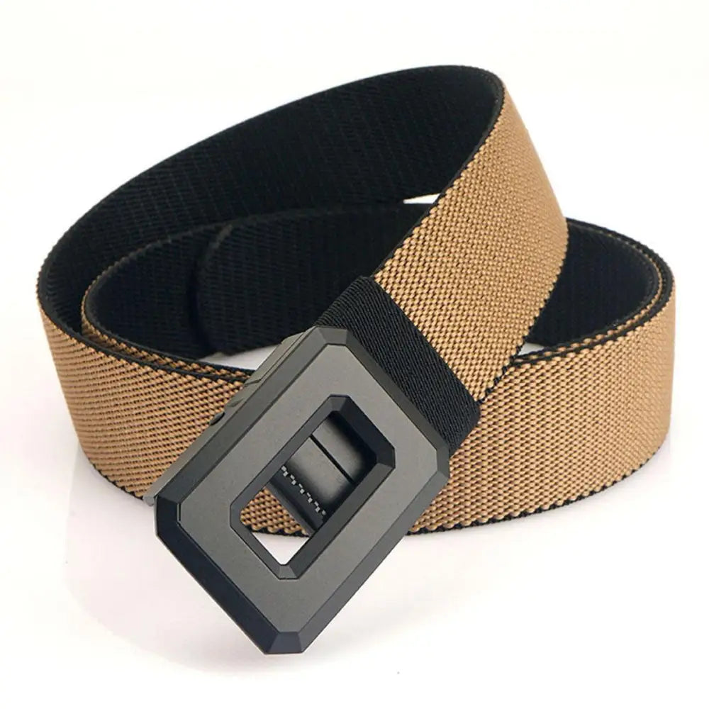 Talgat belt set featuring tan and black nylon web belts with geometric buckle designs