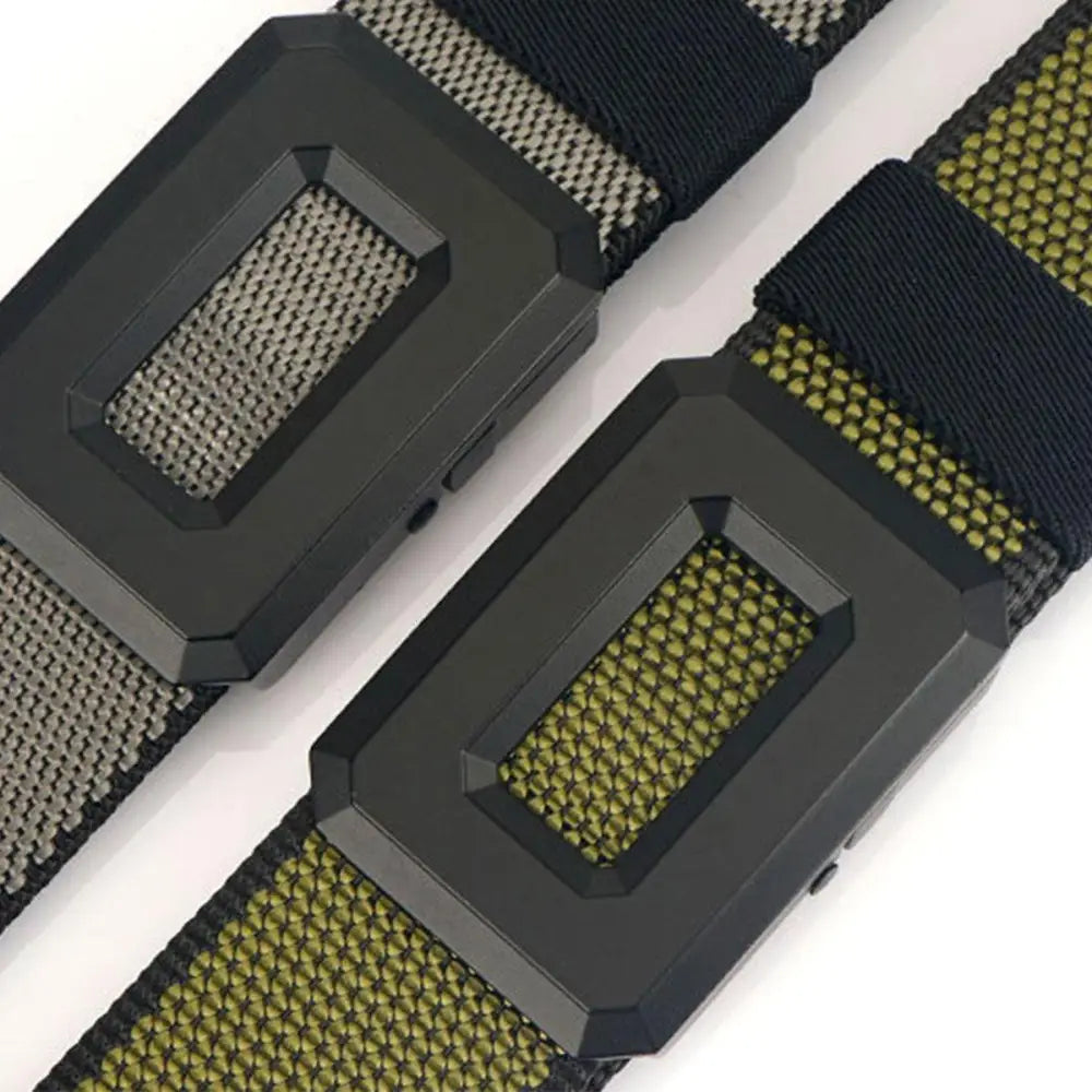 Talgat belt set featuring two black nylon web belts with geometric buckle designs
