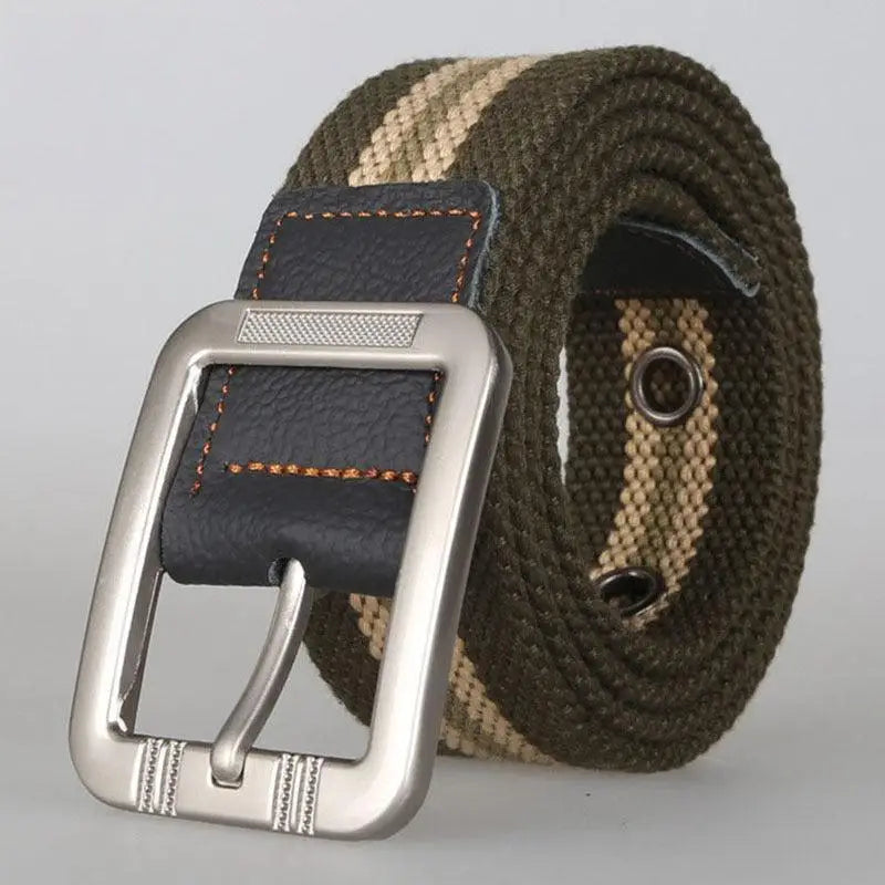 Gray and white striped canvas belt with metal buckle for stylish accessorizing