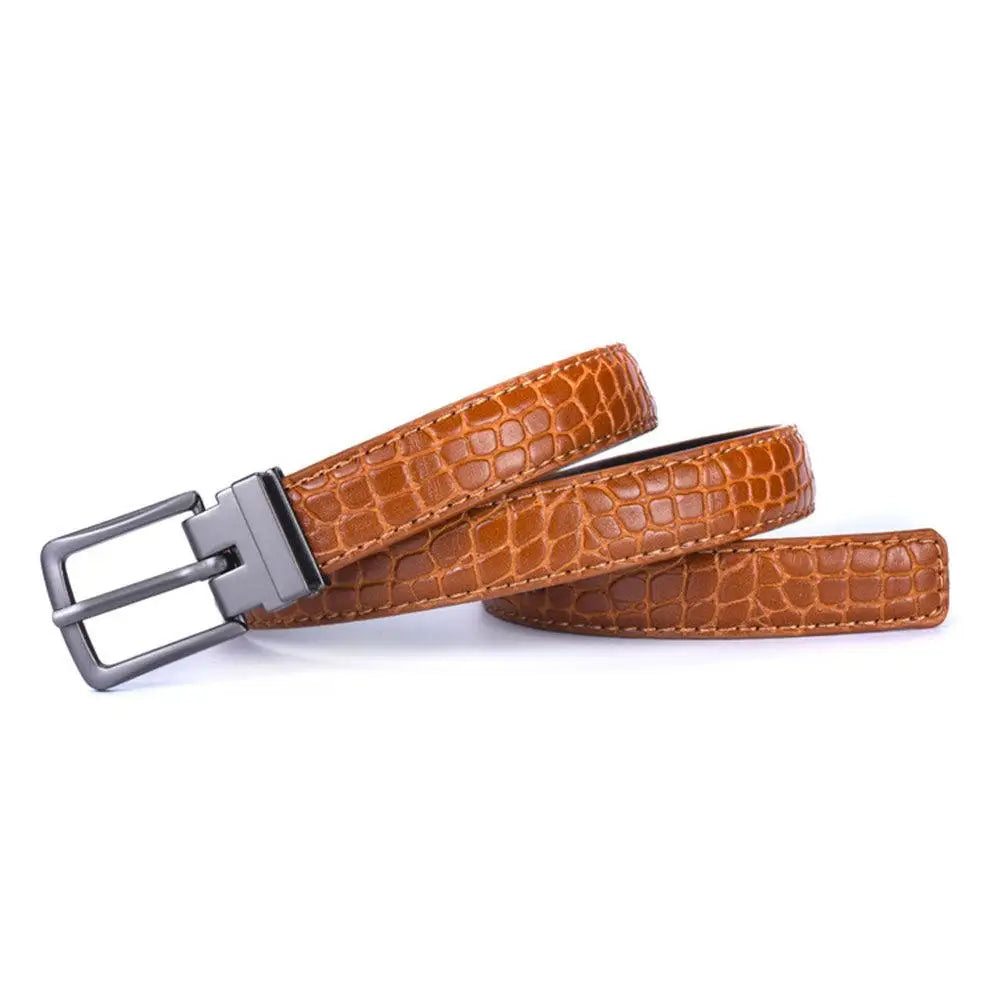 Reversible vegan leather belt with crocodile pattern and silver metal buckle