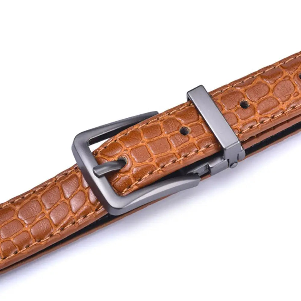 Vegan leather belt with crocodile pattern and metal buckle for stylish accessories
