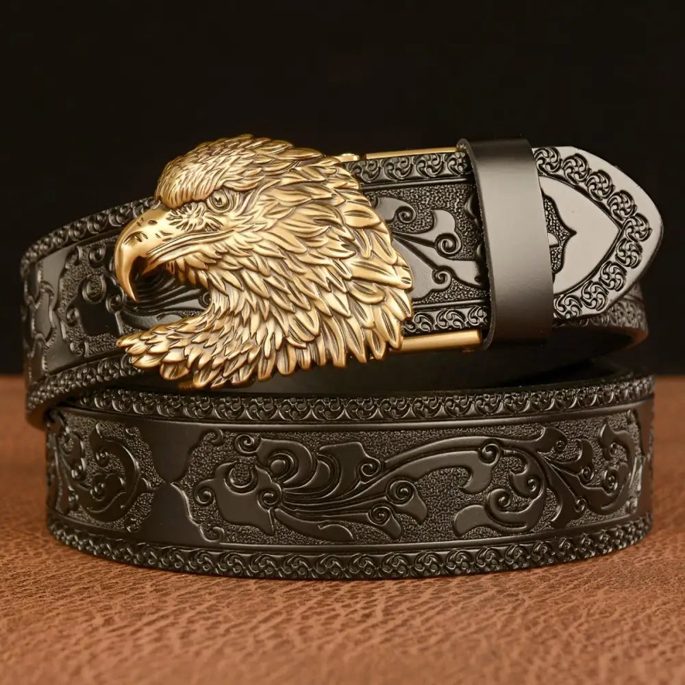 Embossed black leather Harry Animal Spirit belt with gold eagle buckle for animal spirit style