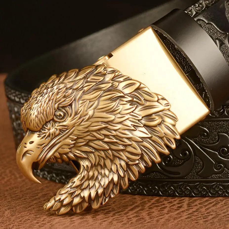 Harry Animal Spirit black leather belt featuring gold eagle head buckle
