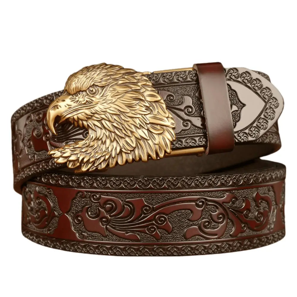 Harry Animal Spirit black leather belt with embossed eagle buckle, animal spirit belt accessory