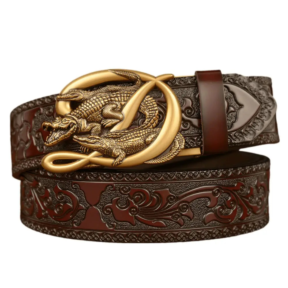 Embossed leather belt featuring a crocodile buckle for sophisticated style