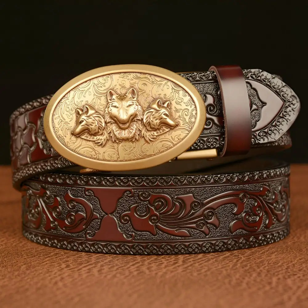 Embossed leather belt with wolf buckle for Esprit Animal style, perfect ceinture esprit animal