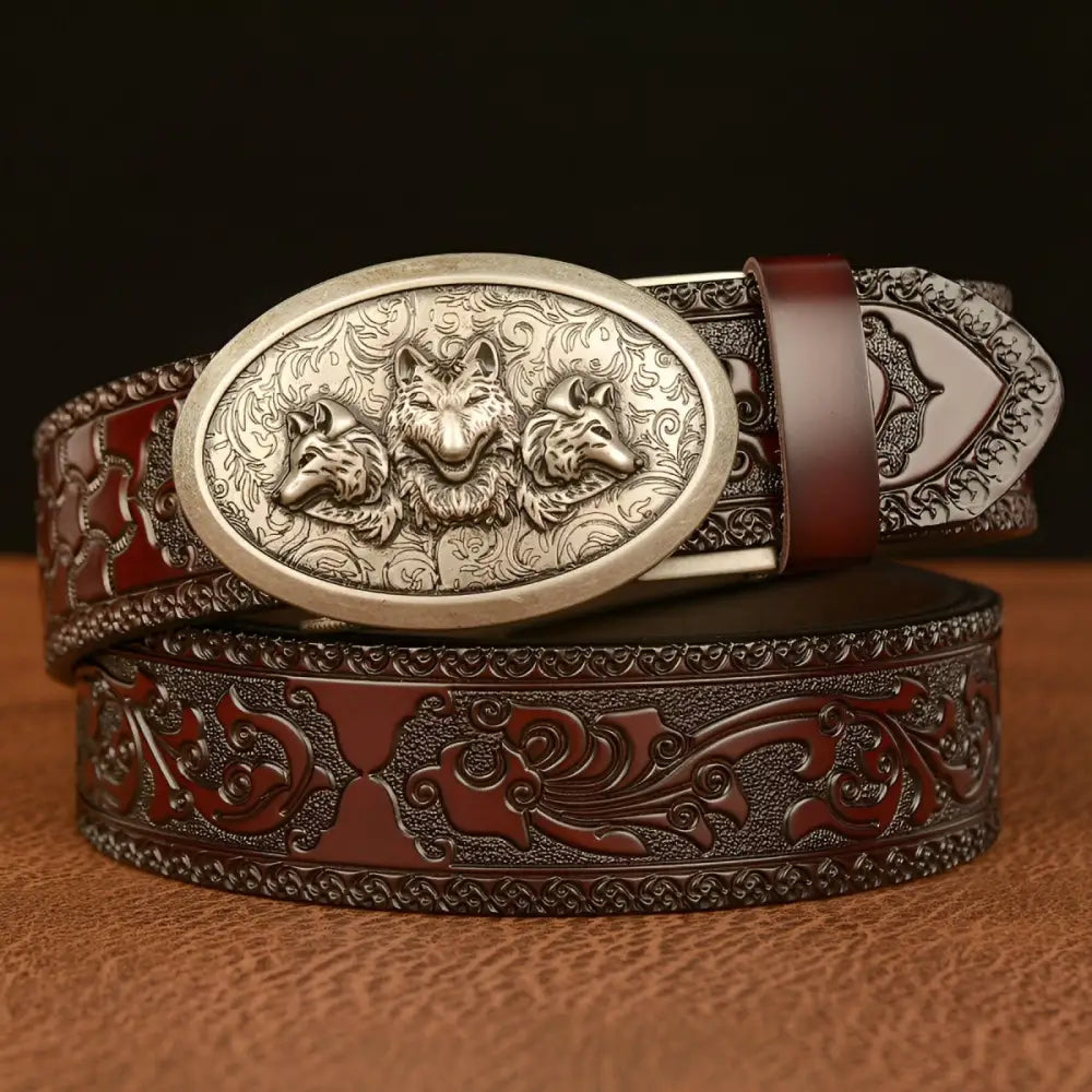 Embossed leather belt with wolf buckle for Esprit Animal style, ceinture esprit animal