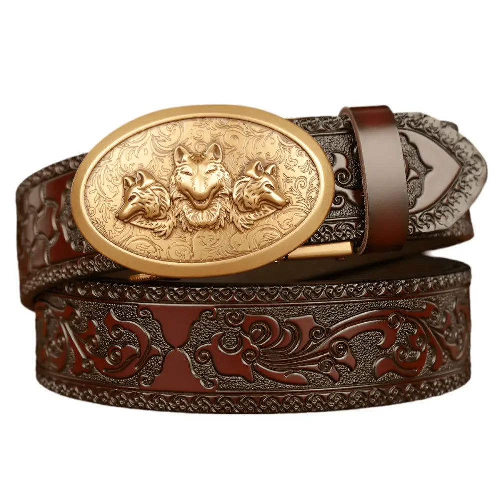 Embossed leather belt with wolf buckle for Esprit Animal style ceinture esprit animal