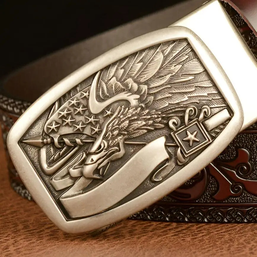 Elegant ornate silver belt buckle on embossed black leather animal spirit belt EVAN model