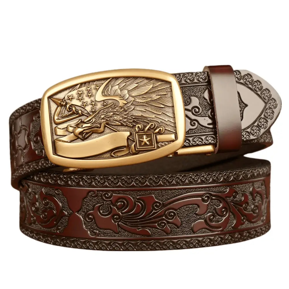 Embossed black leather animal spirit belt with eagle buckle, stylish spirit belt accessory