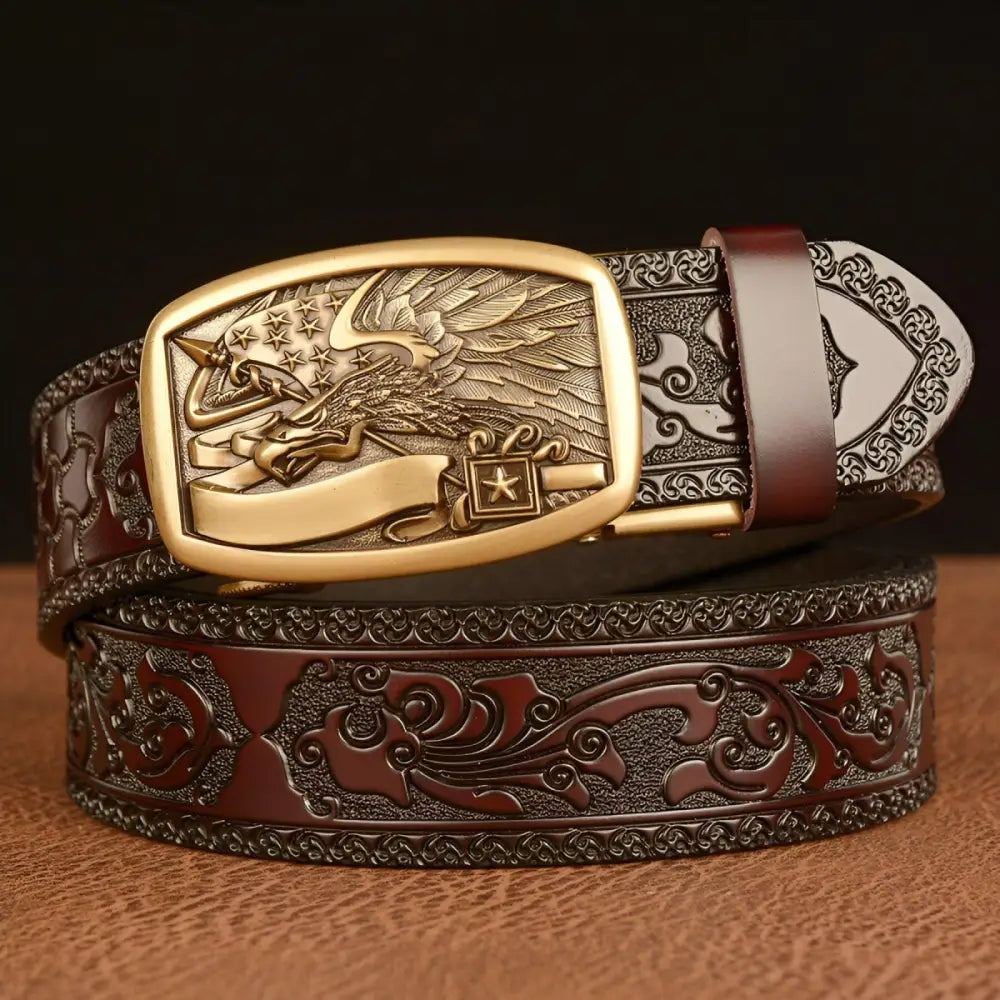Embossed black leather animal spirit belt with eagle buckle for stylish accessories