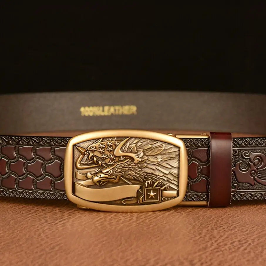 Embossed black leather animal spirit belt with eagle buckle from Evan Model
