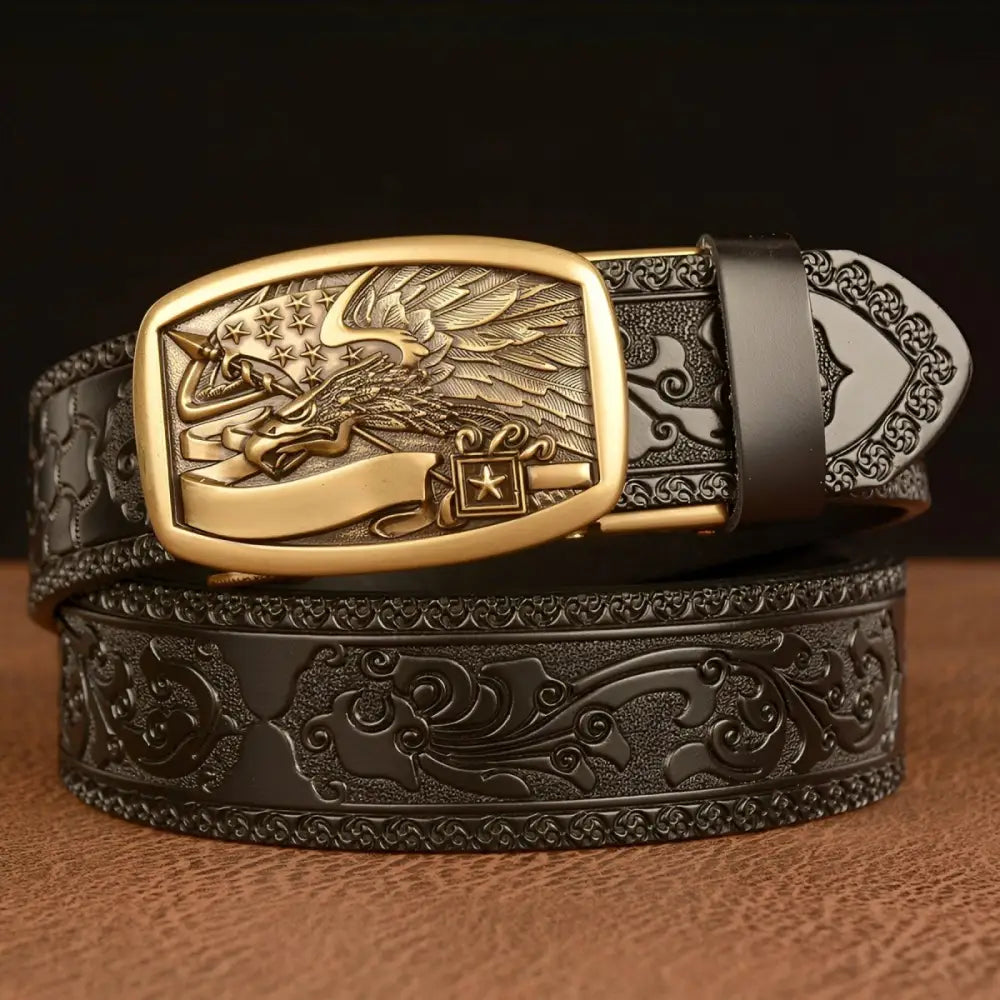 Embossed black leather animal spirit belt with eagle buckle, perfect spirit belt accessory