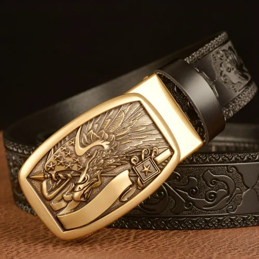 Embossed Black Leather Animal Spirit Belt with Eagle Buckle, stylish spirit belt accessory